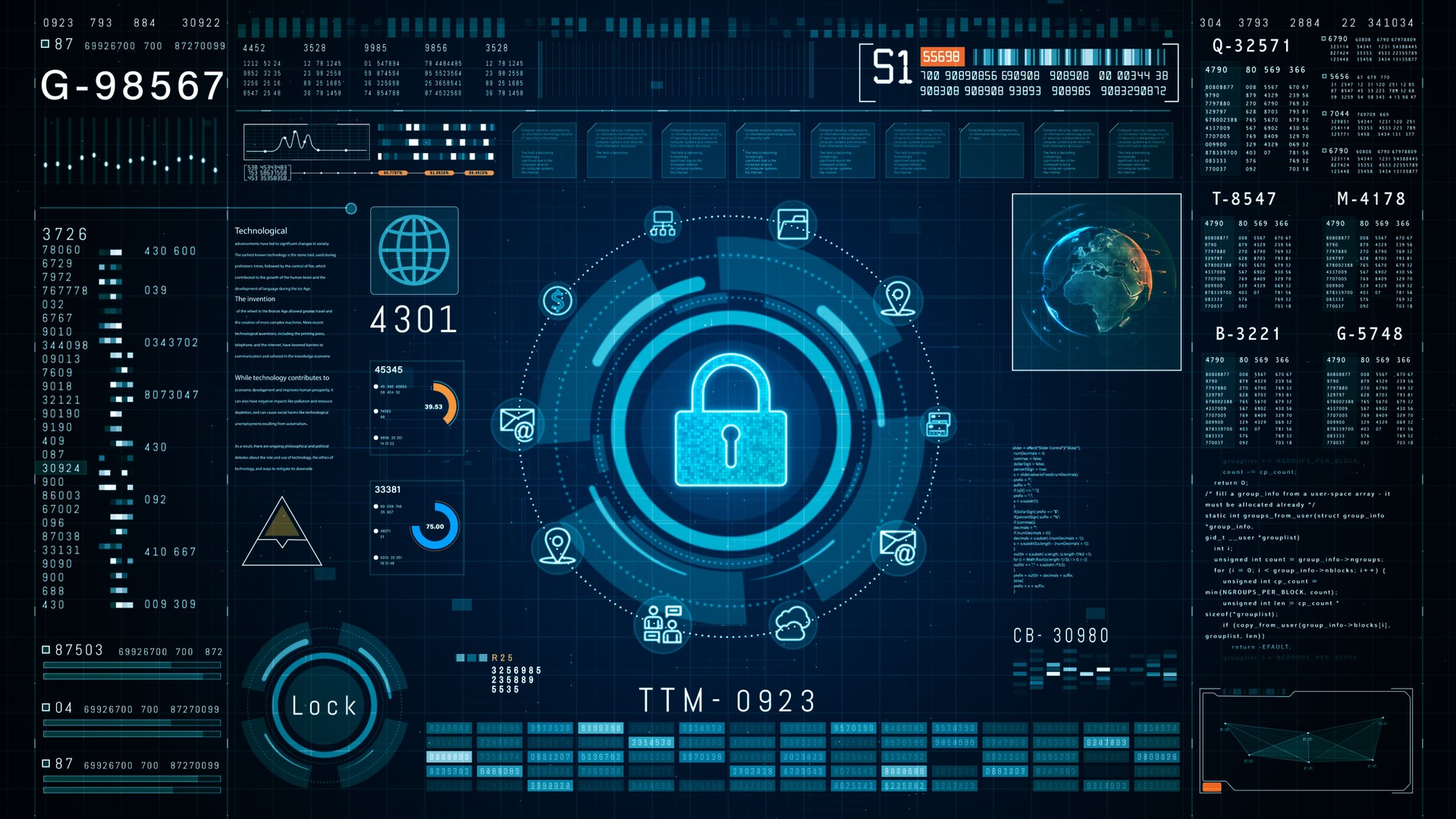 Futuristic interface showcasing a digital encryption lock, surrounded by data analytics and secure network protocols, for advanced cybersecurity strategies. 3d rendering